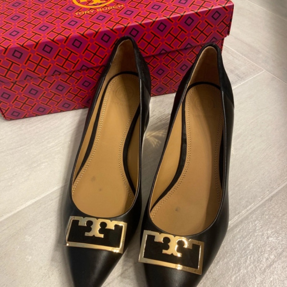 Tory Burch Black Pointed Toe Heels with Gold Logo Plaque
